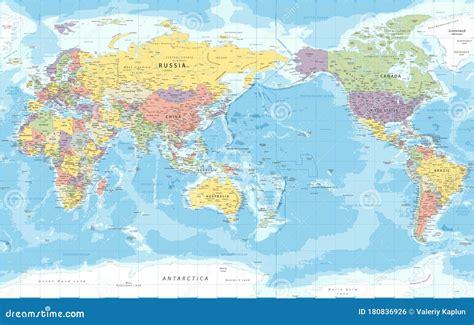 World Map - Pacific View - Asia China Center - Political Topographic - Vector Detailed ...