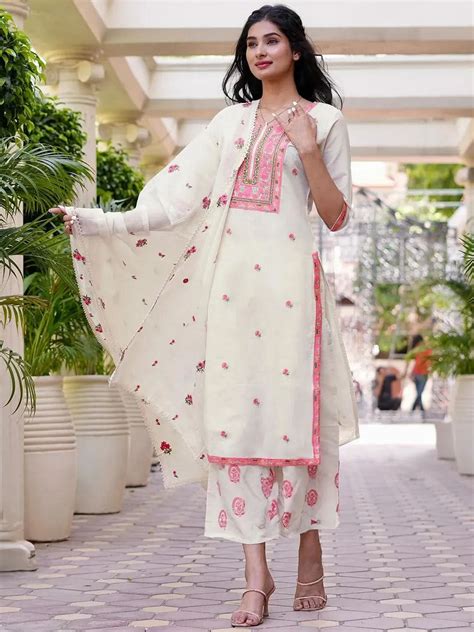 Buy Off-White Yoke Design Cotton Straight Kurta With Palazzos & Dupatta ...