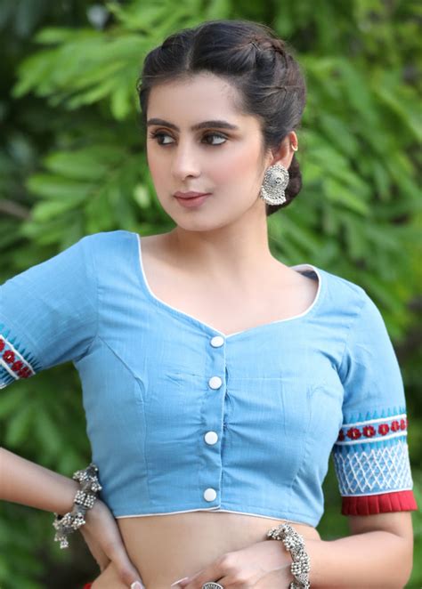 Powder Blue Cotton Blouse with Contrast Embroidery at the Back and on ...