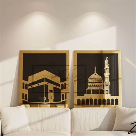 Premium Islamic Wall Art Set - Kaaba & Masjid an-Nabawi Gold & Black ...