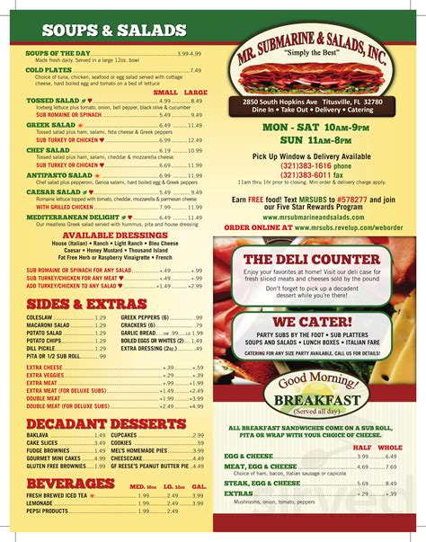 Menu for Mr. Submarine & Salads - Dine-In, Delivery, Pick-Up, Take-ou ...