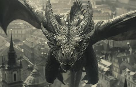 Wallpaper Home, The city, Dragon, Flight, Wings, Face, Digital art ...