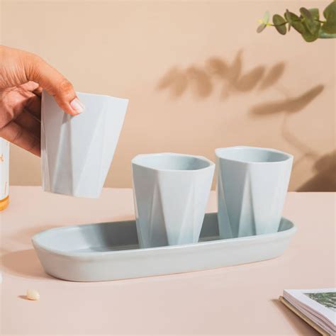 Ternion Textured Planter Set Of 3 With Plate Blue Grey Online - Premium ...