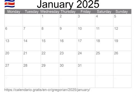 Calendar January 2025 from Costa Rica in English: Holidays and moon phase
