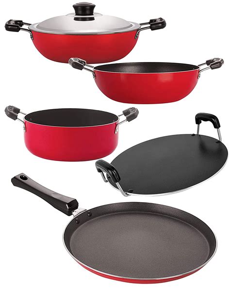 Buy Nirlon Aluminium Cookware Set, 5-Pieces, Red and Black (2.6mm_FT13 ...