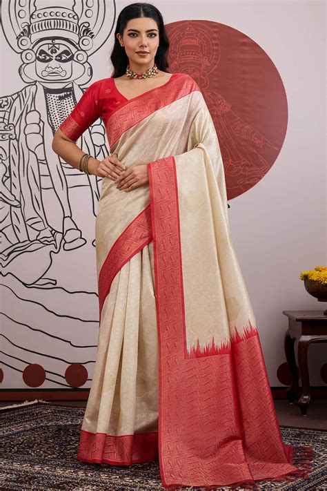 Evanescent Beige and Red Pure Zari Weaving Banarasi Paper Silk Saree W ...