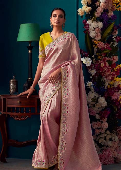 Shop Bridal Banarasi Silk Pink Hand Embroidery Saree Online India – Sunasa