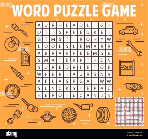 Car spare parts and service word search puzzle game worksheet. Vector ...