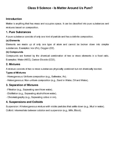 Is Matter Around Us Pure Notes - Class 9 Science - Is Matter Around Us ...