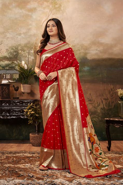 Red Pure Paithani Zari Weaving Saree – Kumari Sarees