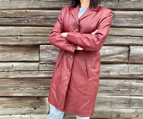 Burgundy Leather Coat 90s Jacket From RHYTHMS, Long Coat, Slim Fit ...