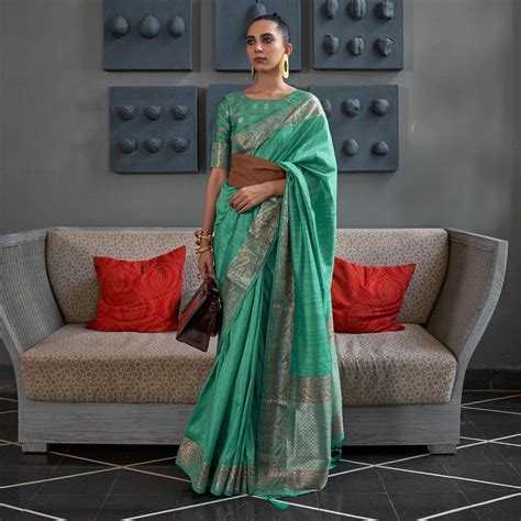 Sea Green Woven Tussar Silk Saree With Tassels