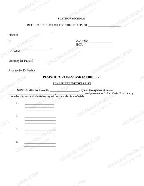 Michigan Plaintiff's Witness and Exhibit List | US Legal Forms