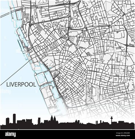 City map and silhouette of the north west English city of Liverpool ...