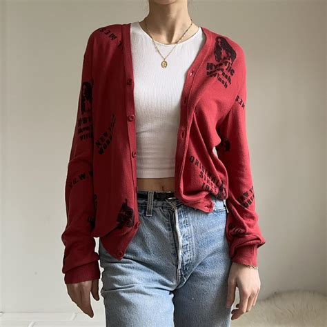 Hysteric Glamour Women's Red and Black Cardigan | Depop