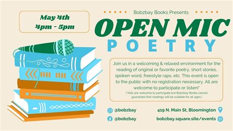 May Open Mic Poetry at Bobzbay Books, Bobzbay Books, Bloomington, 4 May ...