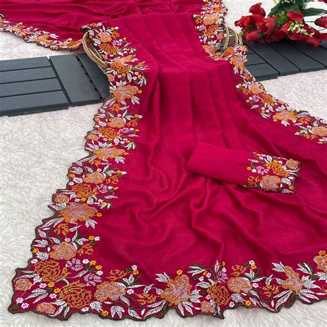 Pink Embroidery Vichitra Silk Saree With Floral Border