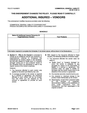Commercial General Liability Additional Insured Vendor Endorsement ...