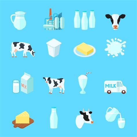 Milk icons flat set with cow butter cheese | Free Vector