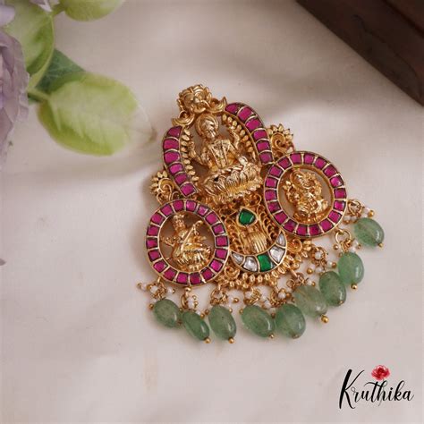 Beautiful Lakshmi Saraswati Ganesha Motifs Jadau Pendant With Green Be ...
