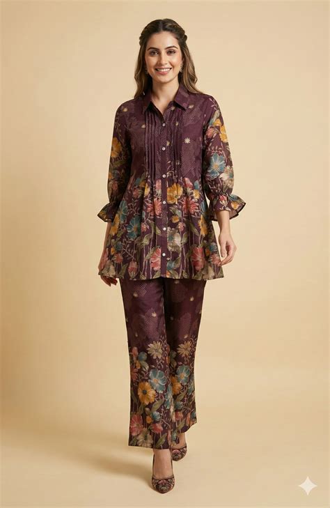 Wine Floral Printed Viscose Blend Co-ord Set Featuring a Stylish A-Lin