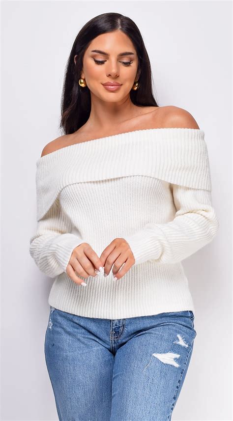Fayola Ivory White Off Shoulder Sweater Top – Emprada