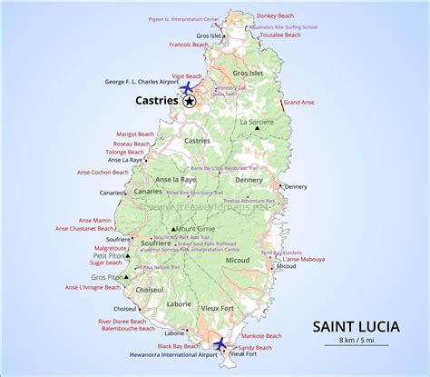 Saint Lucia Map, Geographical features of Saint Lucia of the Caribbean ...
