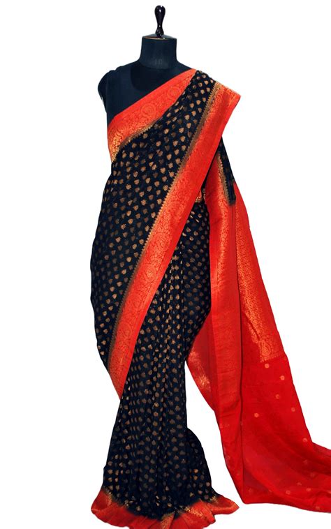 Medium Border Soft Semi Georgette Banarasi Saree in Black, Red and Ant ...