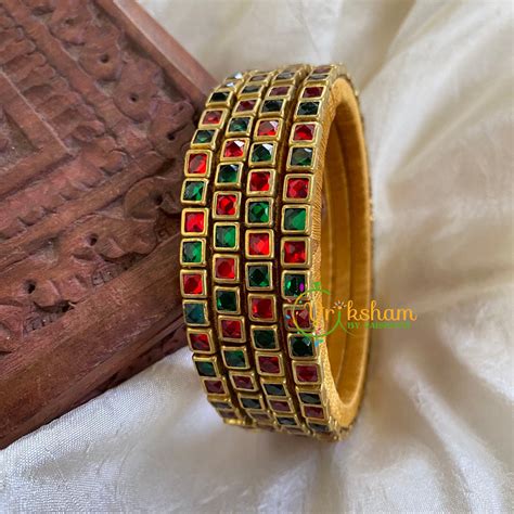 Thin Silk Thread Kundan Bangle -Red Green-Square -G6262 – vrikshamindia