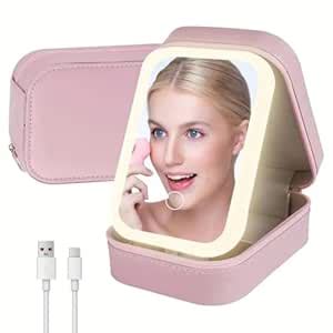 GNEY Portable LED Makeup Mirror Box with 3-Color Light, Rechargeable ...