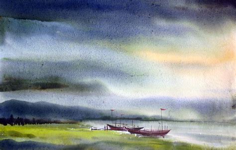 Buy Painting Monsoon Rural River Artwork No 7470 by Indian Artist ...