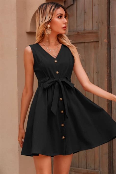 V Neck Button Down Tie Dress – Styched Fashion