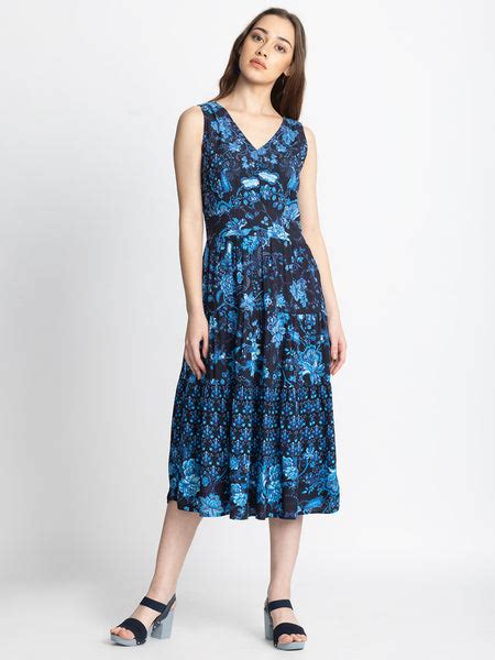 Women Dress | Shop Blue and Black Floral Print V-Neck Midi Dress| Shaye ...