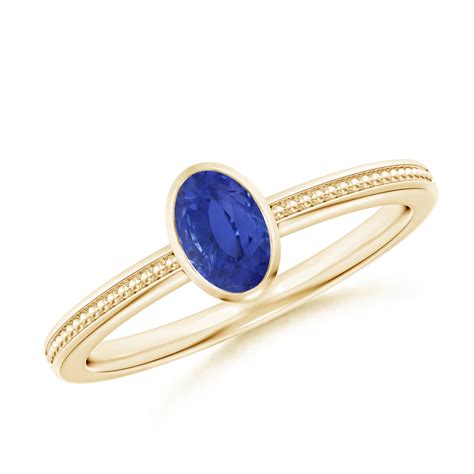 Bezel-Set Oval Blue Sapphire (Neelam) Ring With Beaded Groove Shank