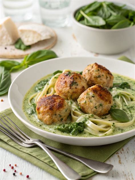 Chicken Ricotta Meatballs with Spinach Alfredo Sauce - Al3ab Recipes