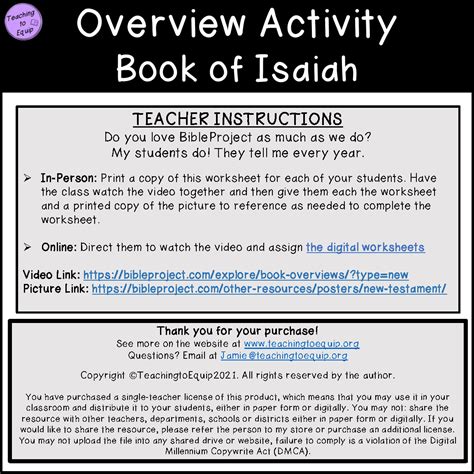 Overview of the Book of Isaiah (CH1-39) Bible Summary Activity | Made ...