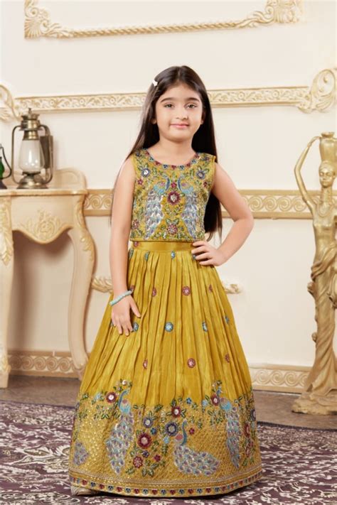 Yellow Embroidered Lehenga Choli with Regal Peacock Motifs For Girls ...