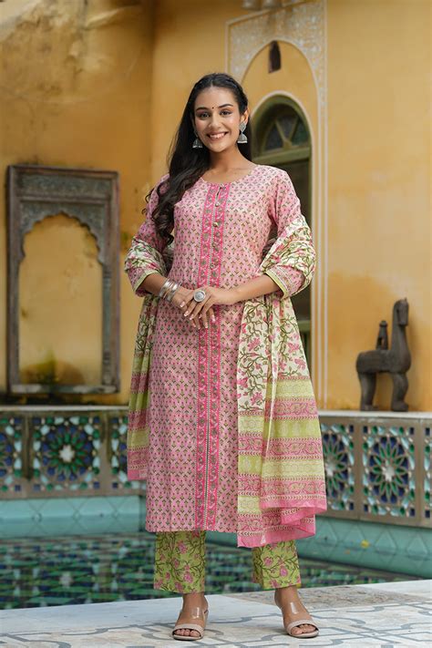 Pink Cotton Ethnic Motifs Printed Suit Set VKSKD1189 – Ahika