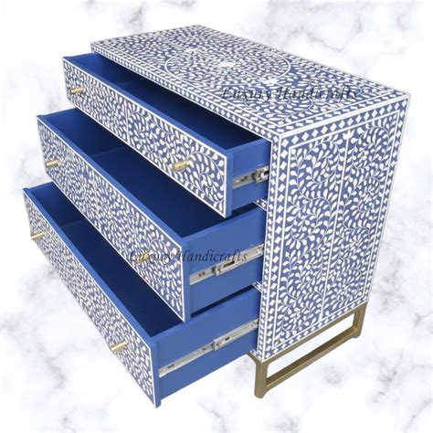 Scroll Vine Bone Inlay Chest of 3 Drawers Indigo – Luxury Handicrafts