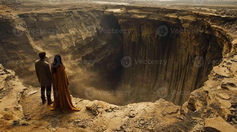 sunset man and woman stand on opposite cliff edges gazing each other ...