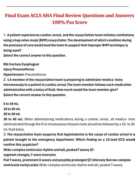 Final Exam ACLS AHA Final Review Questions and Answers 100% Pas Score ...