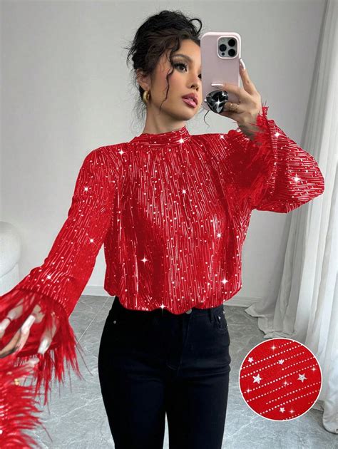 Elenzga Women's Long Sleeve Shiny Stand Collar Tie-Up Feather Patchwork ...