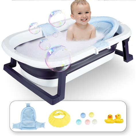 ANJORALA Blue Folding Baby Bath Tub with Seat, Portable & Travel ...