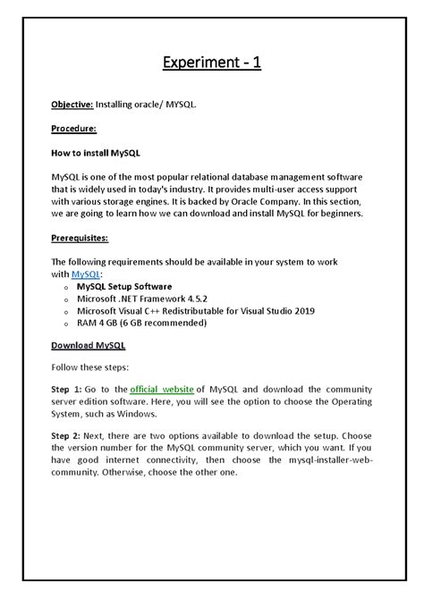 DBMS Exp1 - MySQL Installation Procedure and Verification Guide - Studocu