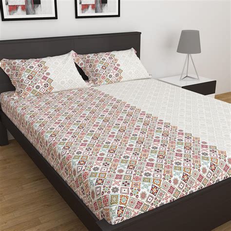 Buy Bouquet White Printed Cotton King Fitted Bedsheet Set - 180x195cm ...