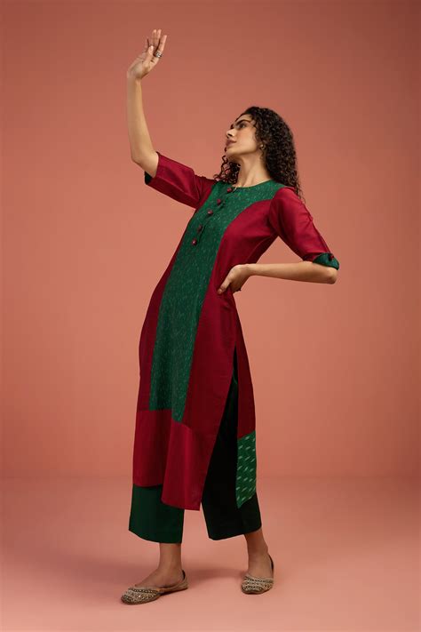 Princess Cut Panel Kurta In Marsala Maroon Silk Slub And Green Ikat by ...