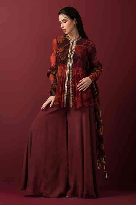 Buy Maroon Chiffon, Crepe, Linen Embroidery, Floral Print Peplum Top ...