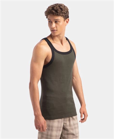 Buy Super Combed Cotton Rib Square Neck Gym Vest - Olive & Black US27 ...