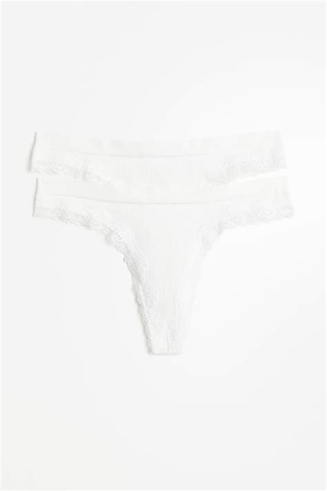 2-pack Seamless Lace-trimmed thong briefs - White - Ladies | H&M IN
