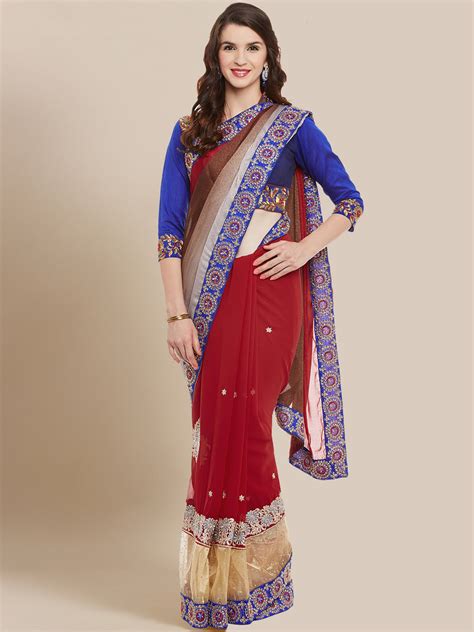 DGIX1207 Maroon & Blue Embroidered Georgette Half & Half Saree ...
